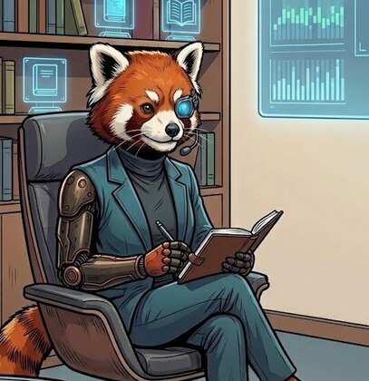 Cyber-Panda als Psychologe mit Kopfhörer und Notizblock, der neugierig auf eine unsichtbare Mauer blickt
